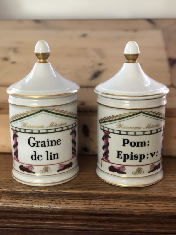 La paire de pots à pharmacie Métadier "Graine de lin" et "Pom: episp: v" XIXème